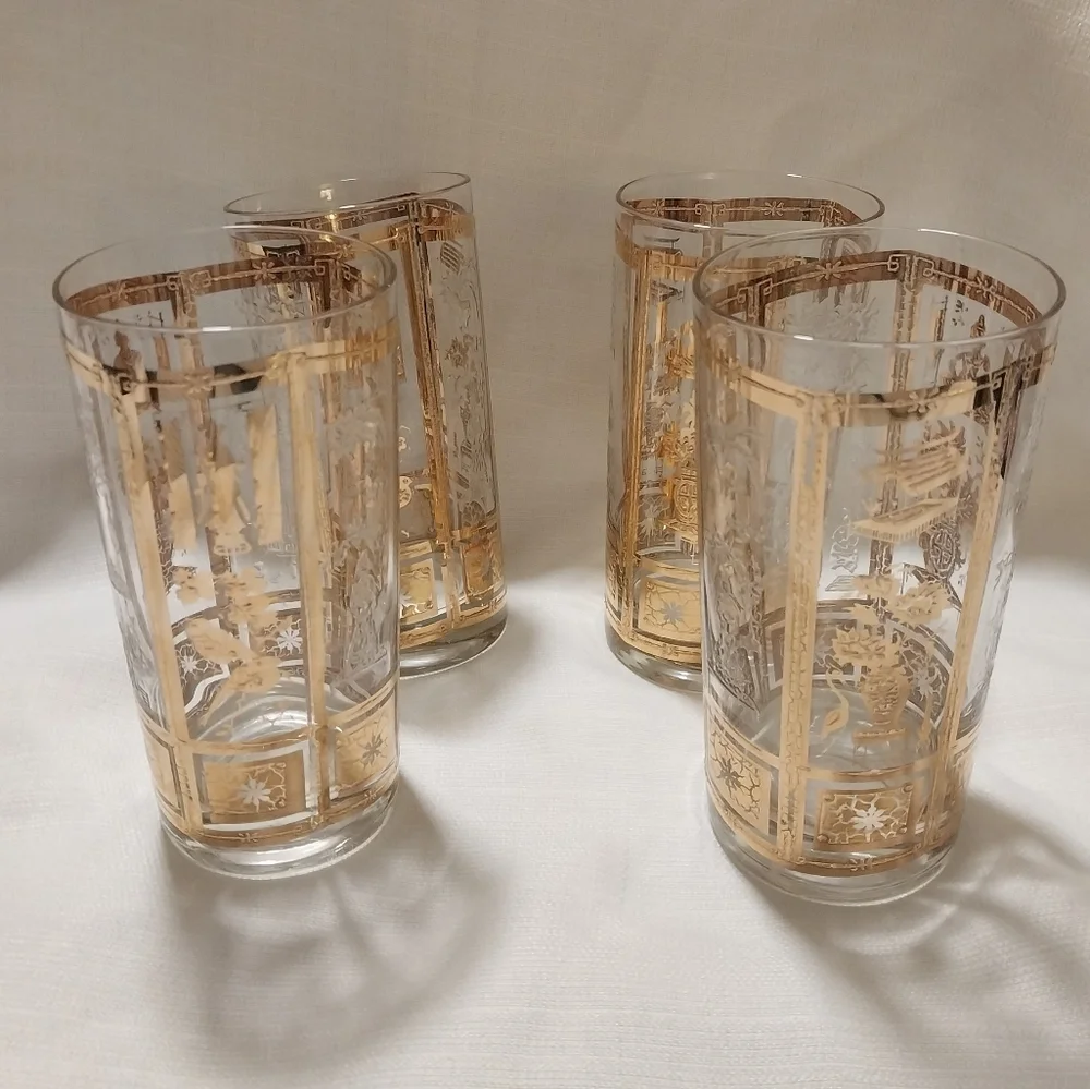 Culver Mid Century 22K Gold Chinoiserie Design Set of Four Highball Glasses